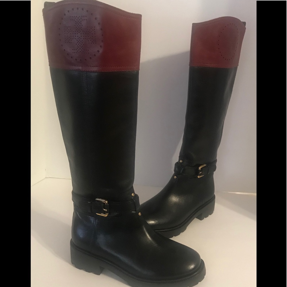 Tory Burch Daniela Riding Boots Burgundy/Black 5.5 - Picture 1 of 7